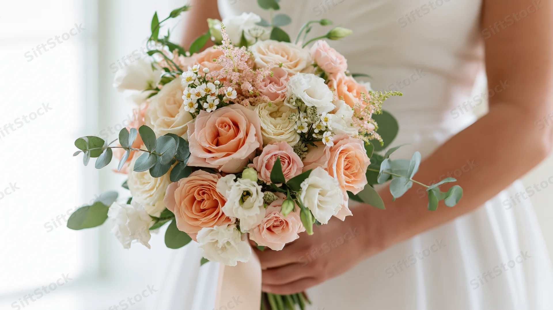 Bride holding a floral bouquet of peach and white roses with greenery, indoors near a window