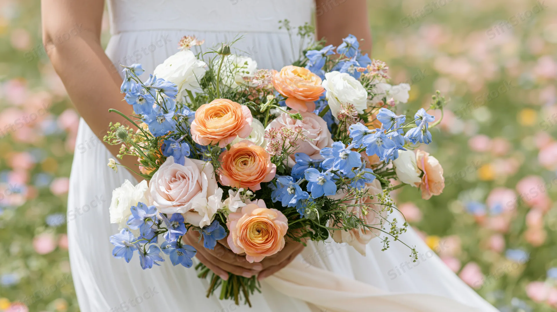 Bride holding a large loose wildflower bouquet in a blooming field