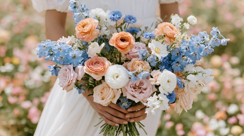 Bride holding a large loose wildflower bouquet in a garden setting