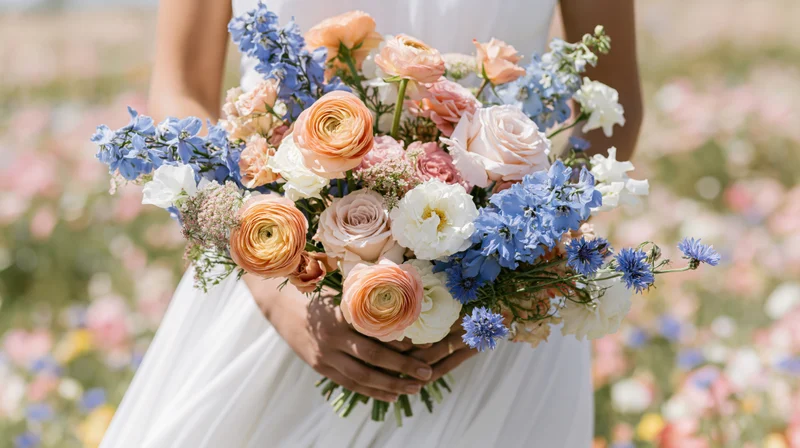 Bride holding a large loose wildflower wedding bouquet in a field of blooming flowers