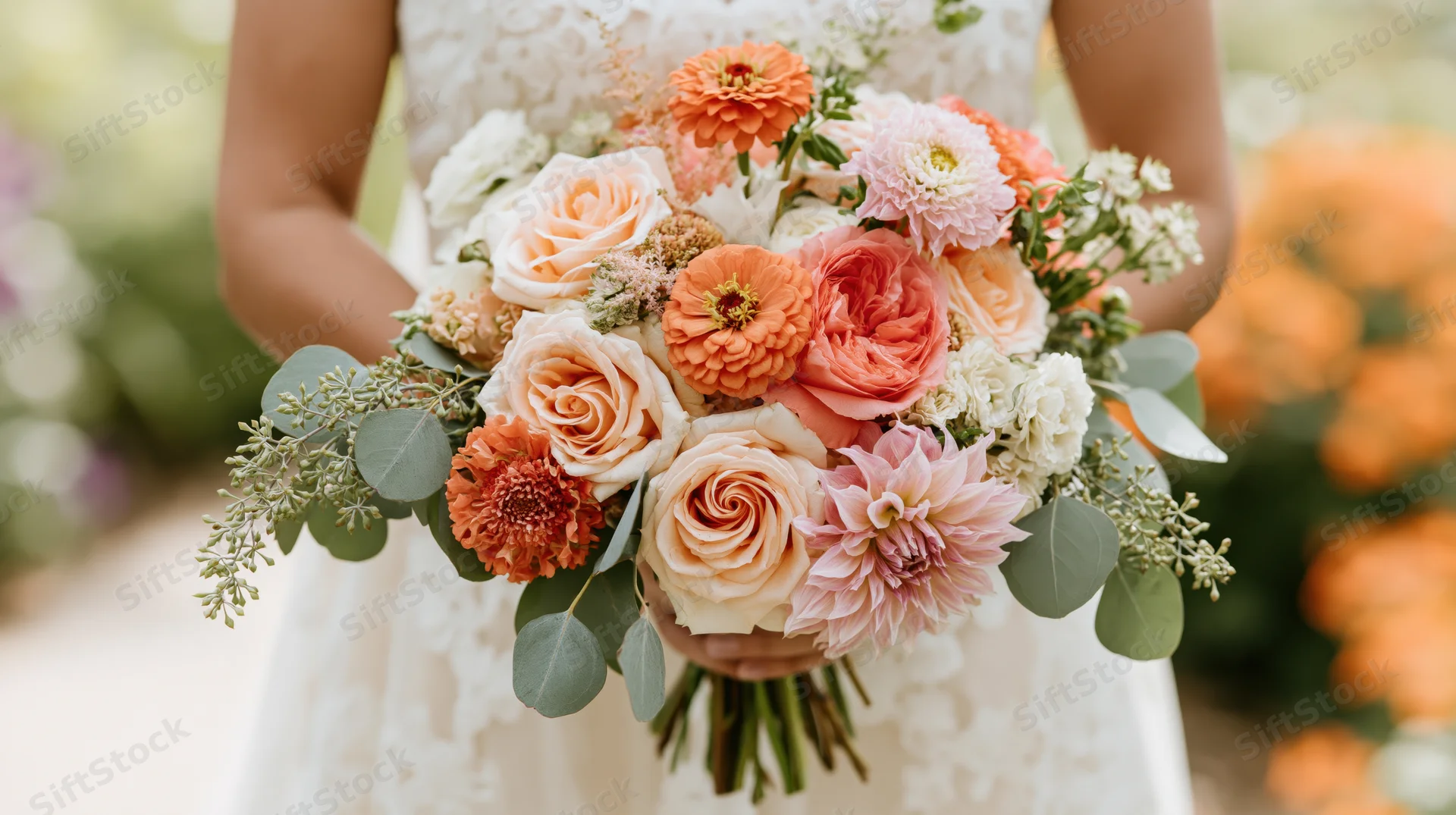 Bride holding a large loose floral bouquet of roses, dahlias, and greenery in a white lace dress outdoors