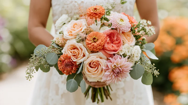 Bride holding a large loose floral bouquet of roses, dahlias, and greenery in a white lace dress outdoors