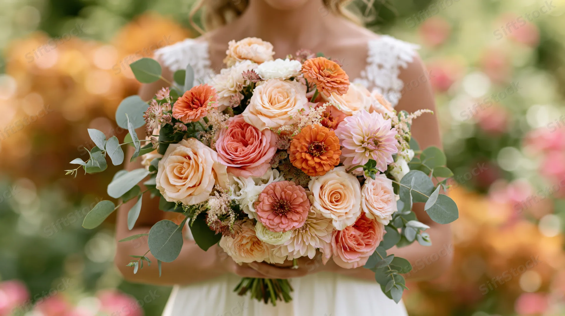 Bride holding a large loose floral bouquet outdoors in a garden setting