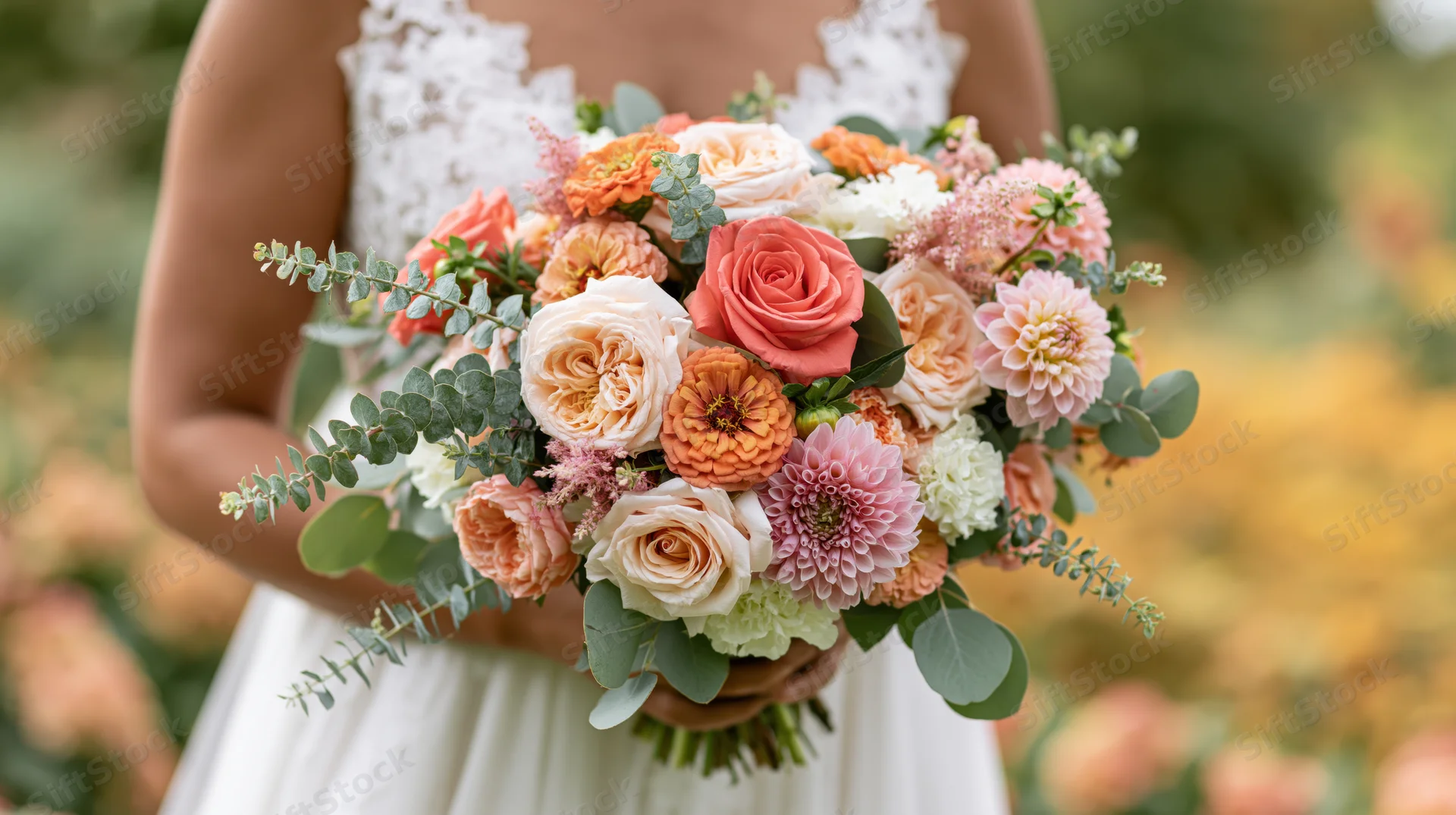 Bride holding a large loose floral bouquet outdoors in a white lace dress