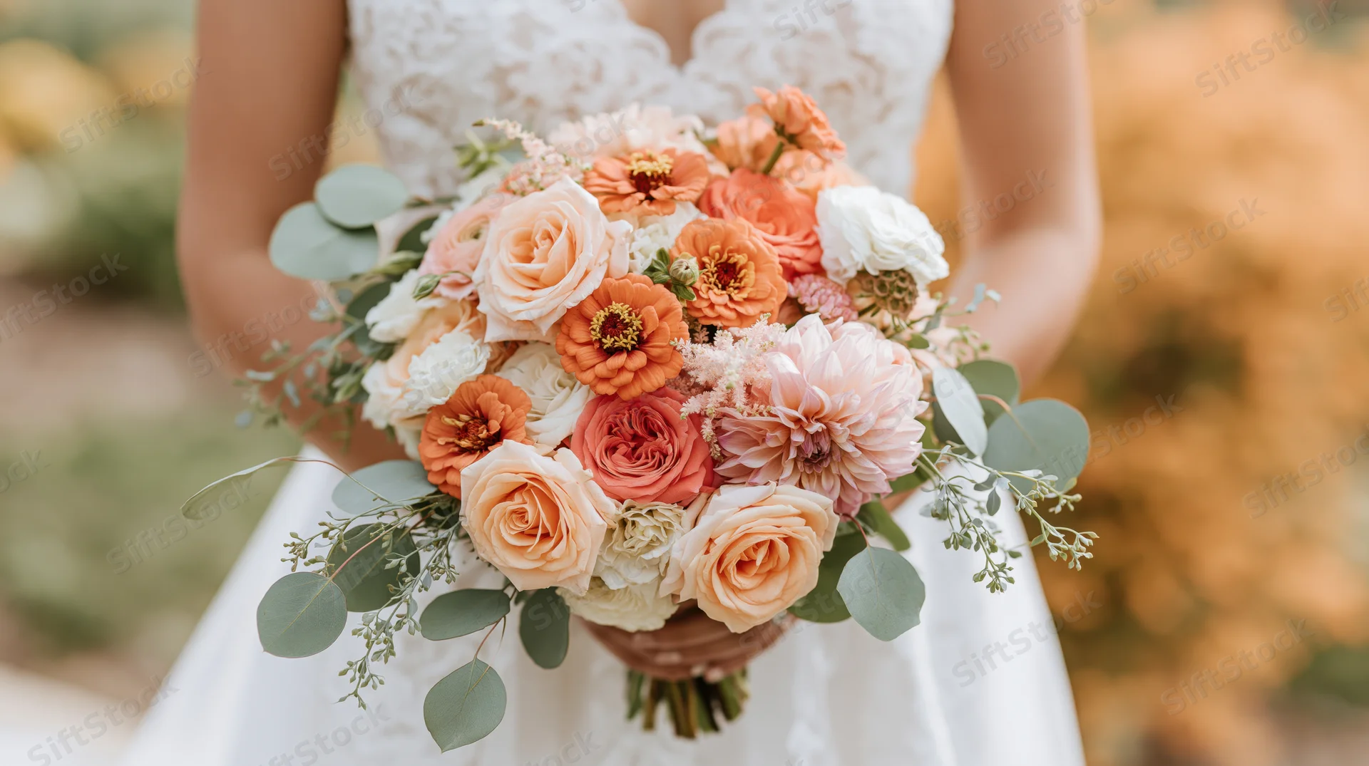 Bride holding a large loose floral bouquet outdoors in a white lace dress