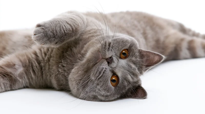 Britishshorthair cat lying on its back on white surface with paws up, looking at camera