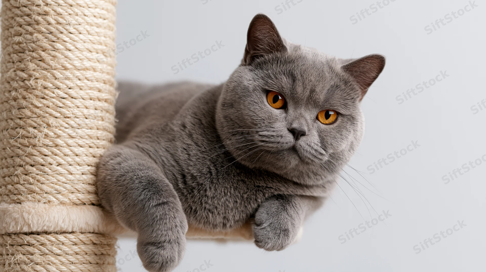 Grey british shorthair cat resting on scratching post with orange eyes, studio portrait