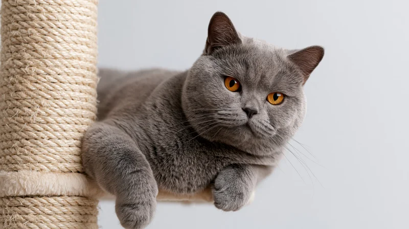 Grey british shorthair cat resting on scratching post with orange eyes, studio portrait