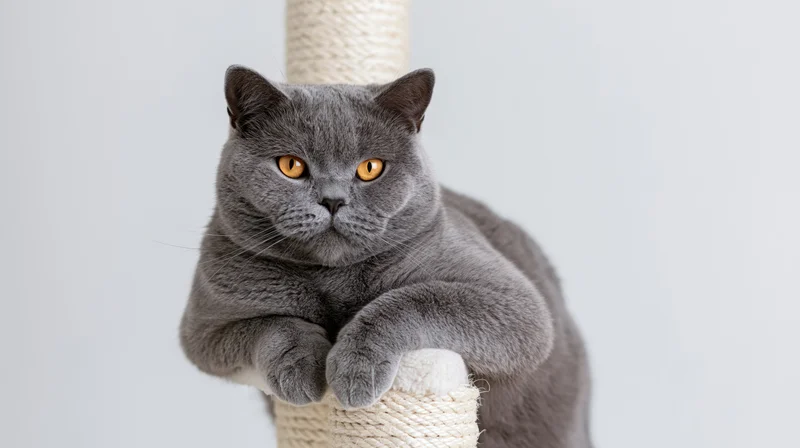 Grey british shorthair cat perched on scratching post with paws resting on rope, studio portrait against white background