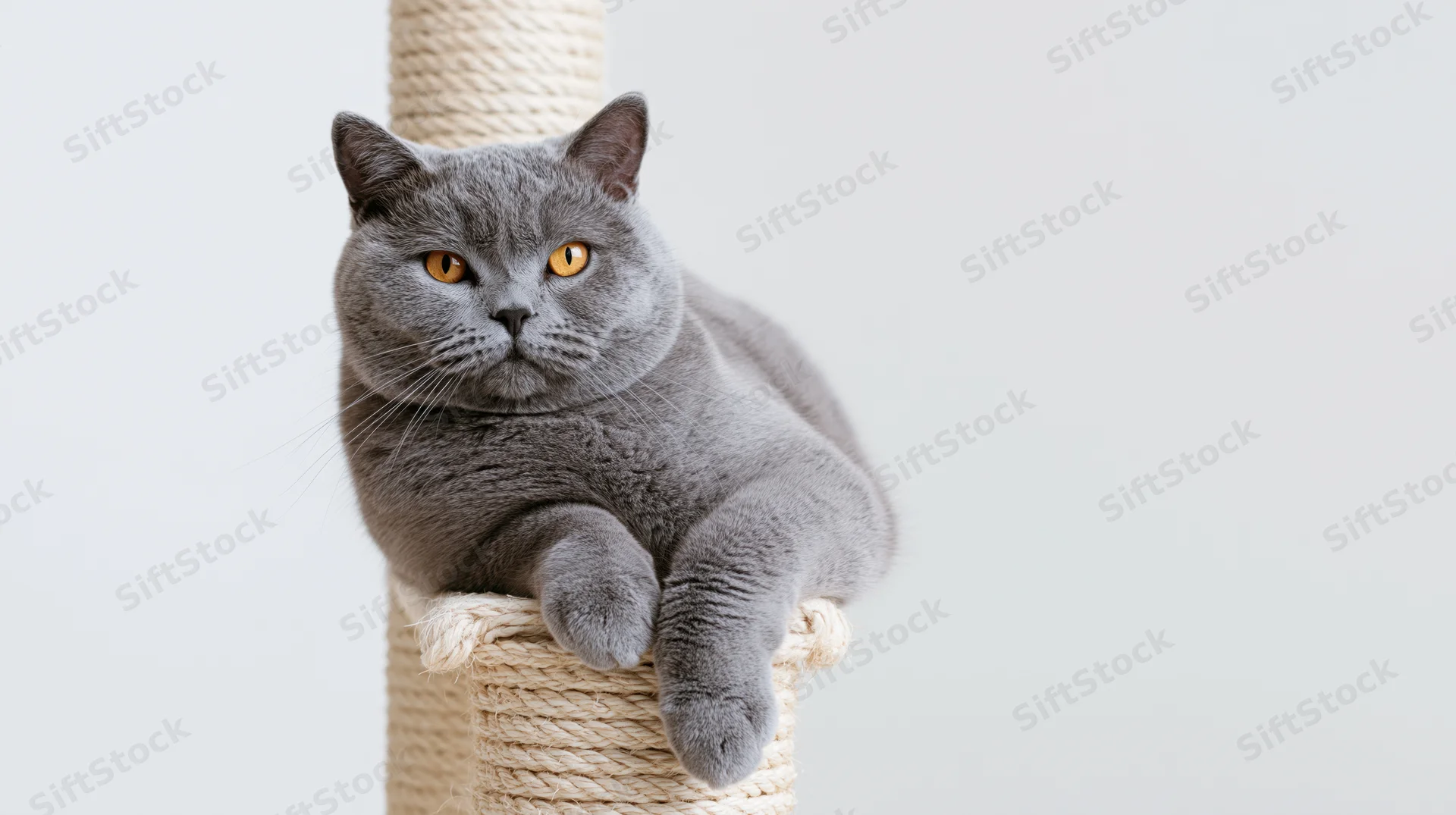 Grey british shorthair cat resting on a rope scratching post with white background