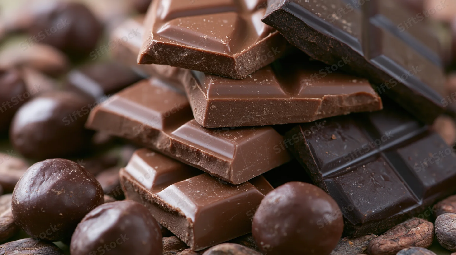 Broken chocolate bars stacked in a pile surrounded by cocoa beans and chocolate candies