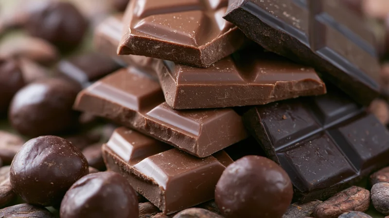 Broken chocolate bars stacked in a pile surrounded by cocoa beans and chocolate candies