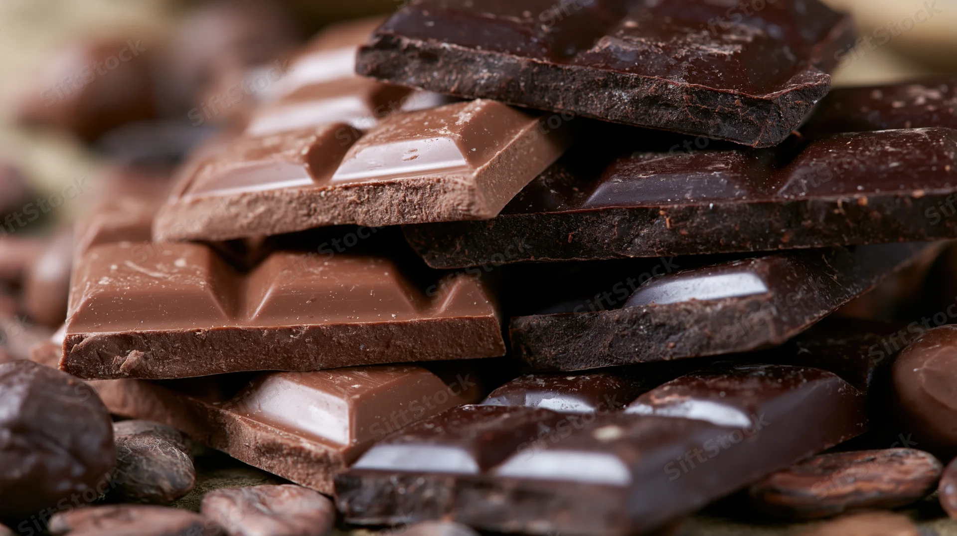Broken chocolate bars stacked in an irregular pile surrounded by cocoa beans