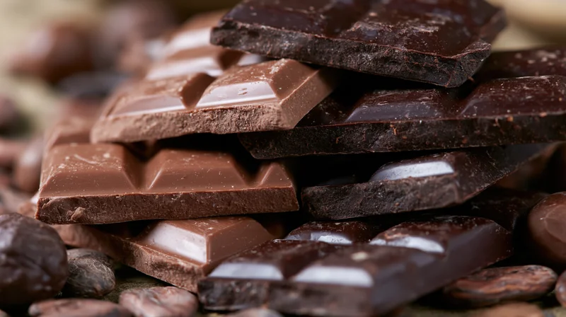 Broken chocolate bars stacked in an irregular pile surrounded by cocoa beans