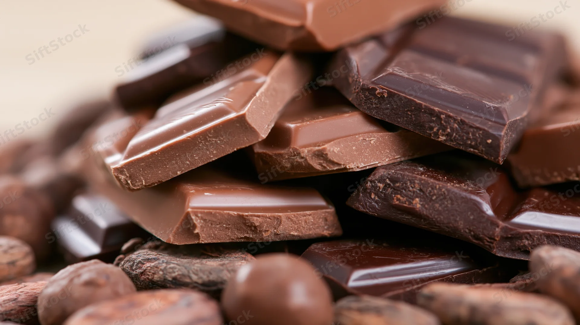 Broken chocolate bars stacked in an irregular pile surrounded by cocoa beans