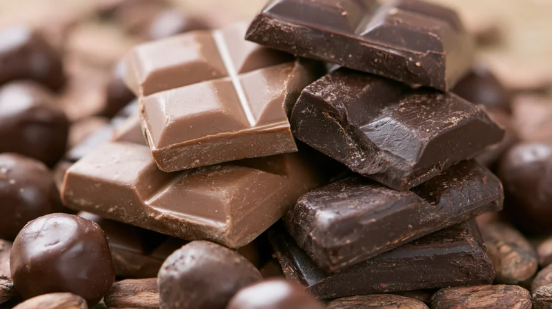 Broken chocolate bars stacked in an irregular pile surrounded by whole cocoa beans