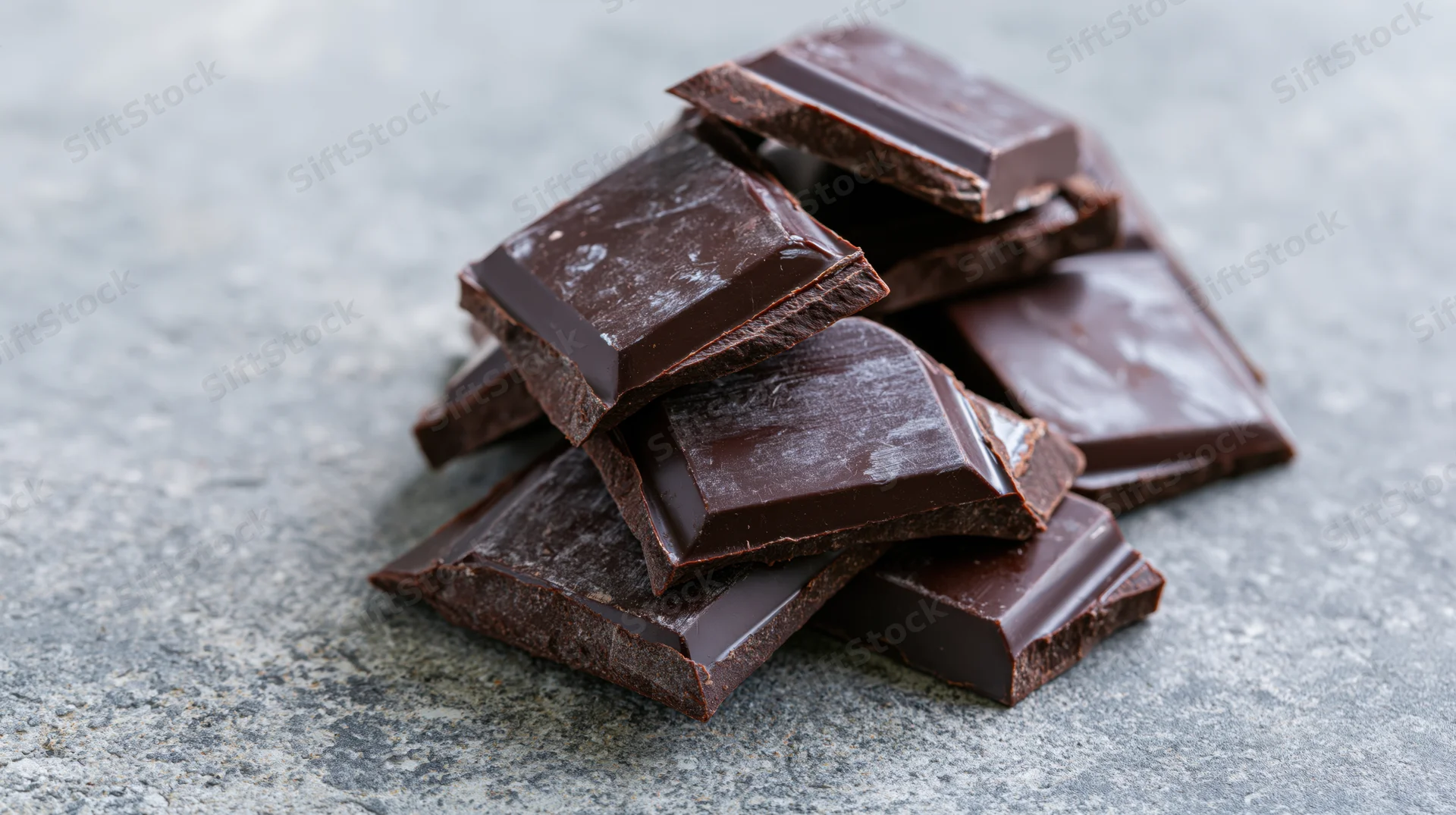 Broken dark chocolate pieces stacked loosely on a textured stone surface