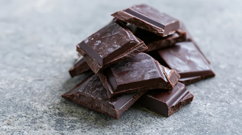 Broken dark chocolate pieces stacked loosely on a textured stone surface