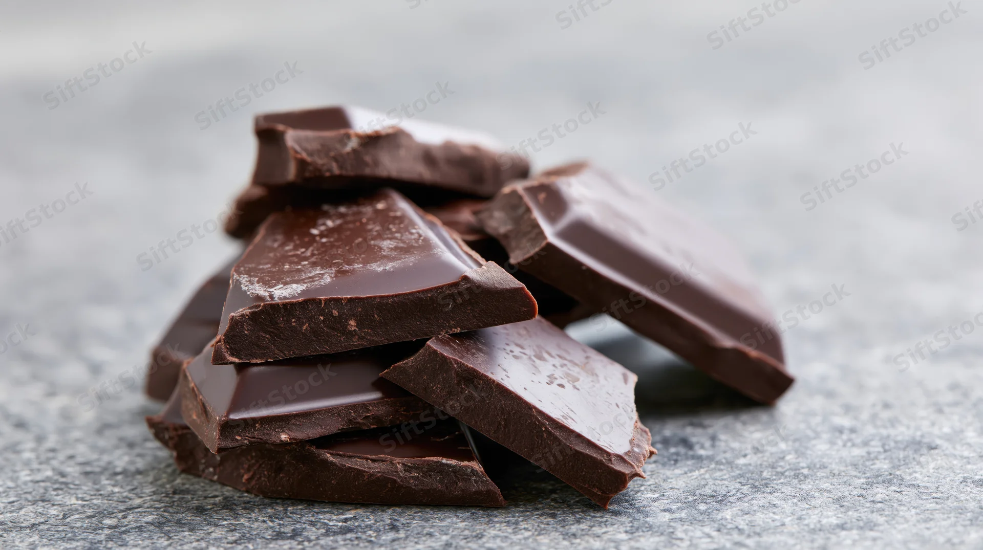 Broken dark chocolate pieces stacked loosely on a textured stone surface