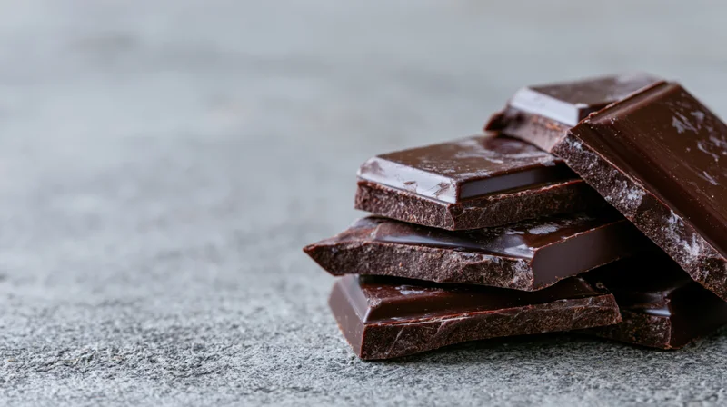 Broken dark chocolate pieces stacked loosely on a textured gray surface