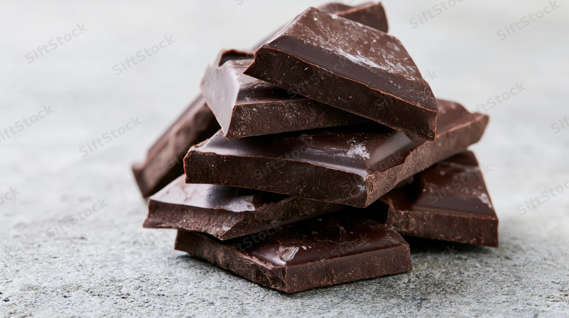 Broken dark chocolate pieces stacked loosely on a textured gray surface
