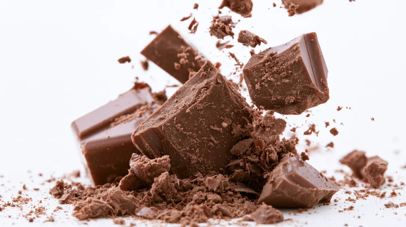 Broken milk chocolate pieces exploding midair against white background