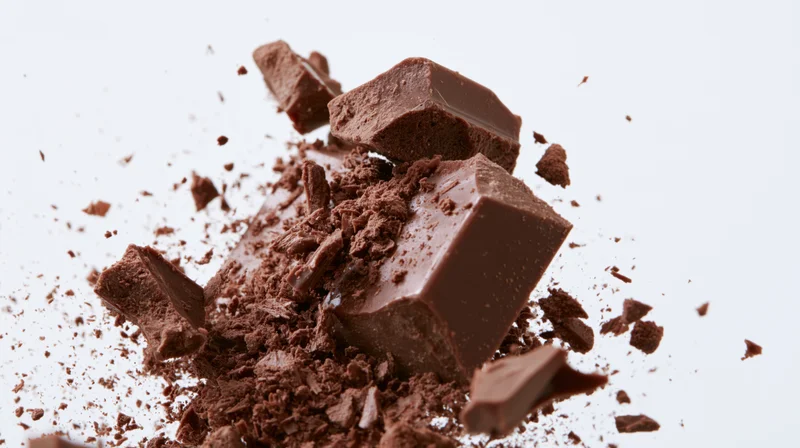 Broken milk chocolate pieces exploding midair against white background