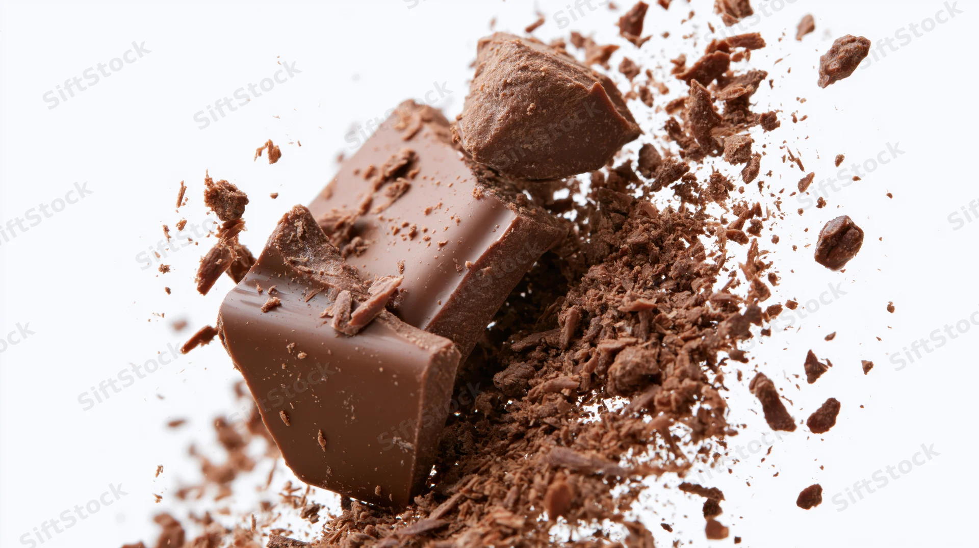 Broken milk chocolate pieces exploding midair against white background