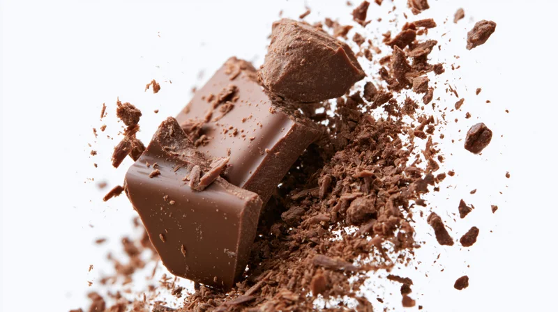 Broken milk chocolate pieces exploding midair against white background