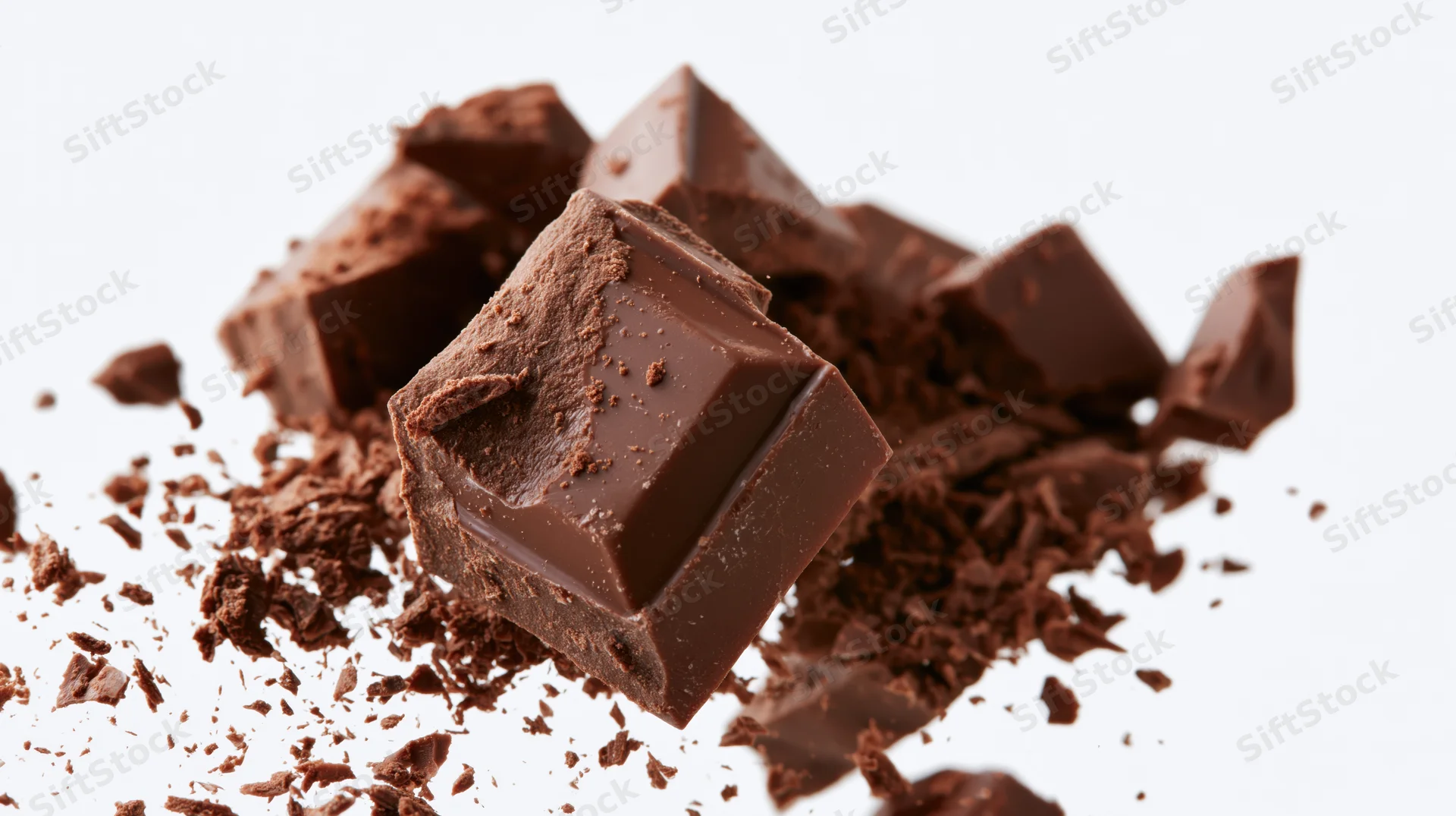 Broken milk chocolate bar pieces flying midair against white background