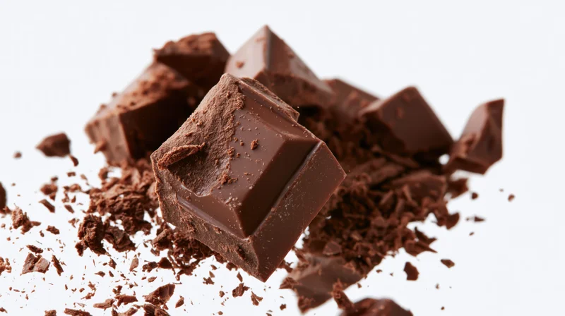 Broken milk chocolate bar pieces flying midair against white background