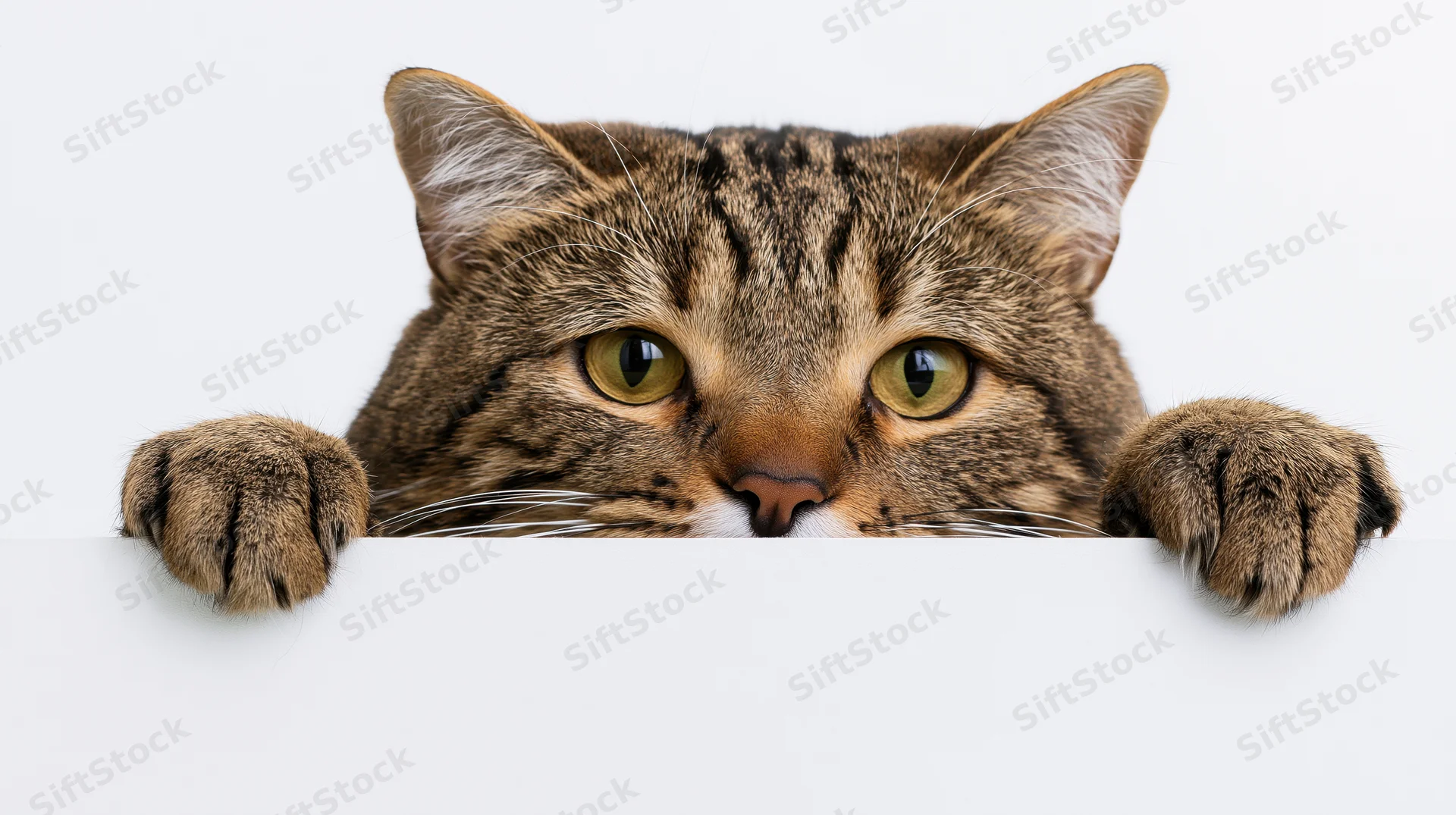 Brown tabby cat peeking over white ledge with front paws visible