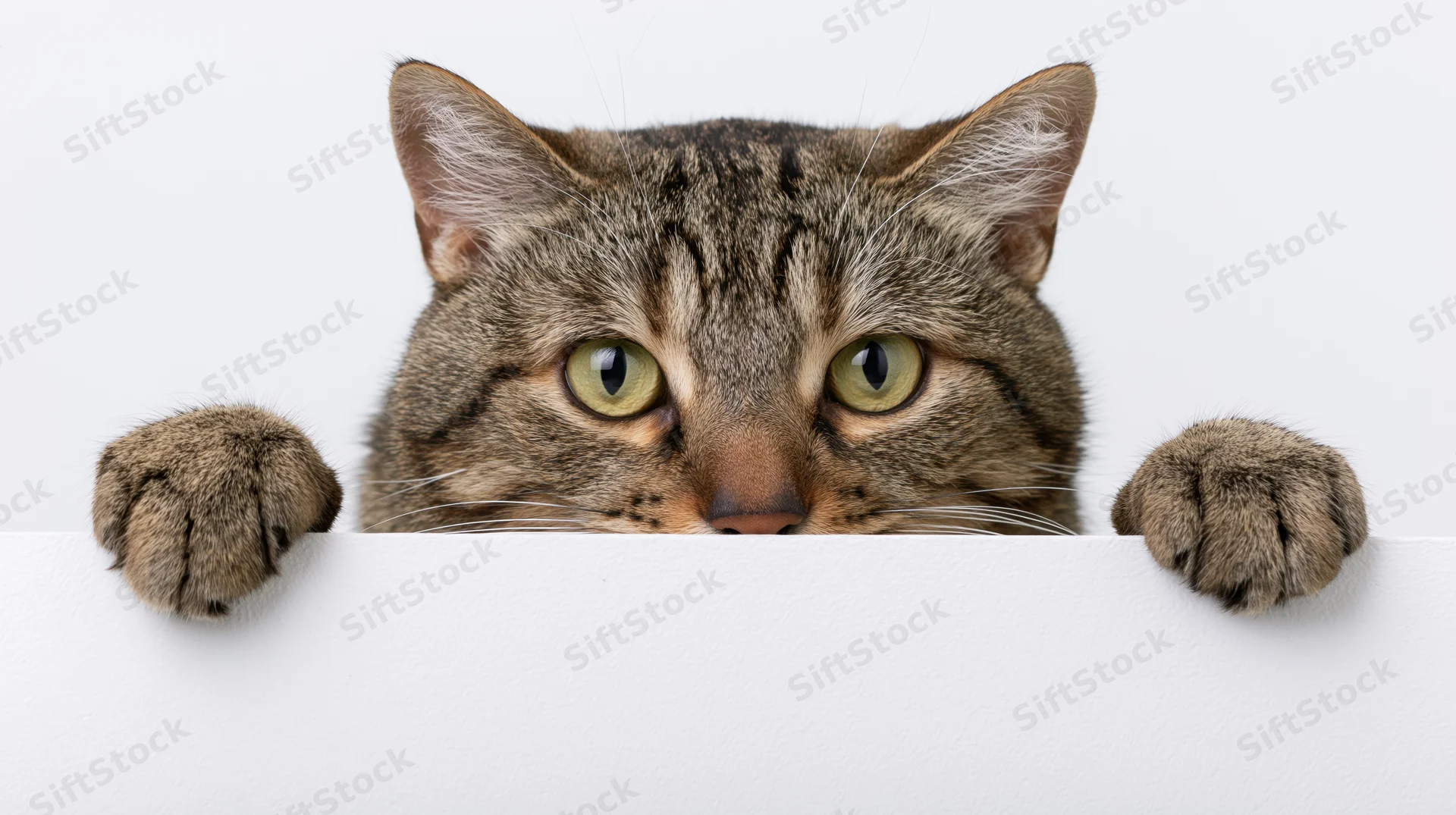 Tabby cat peeking over white ledge with paws resting on edge