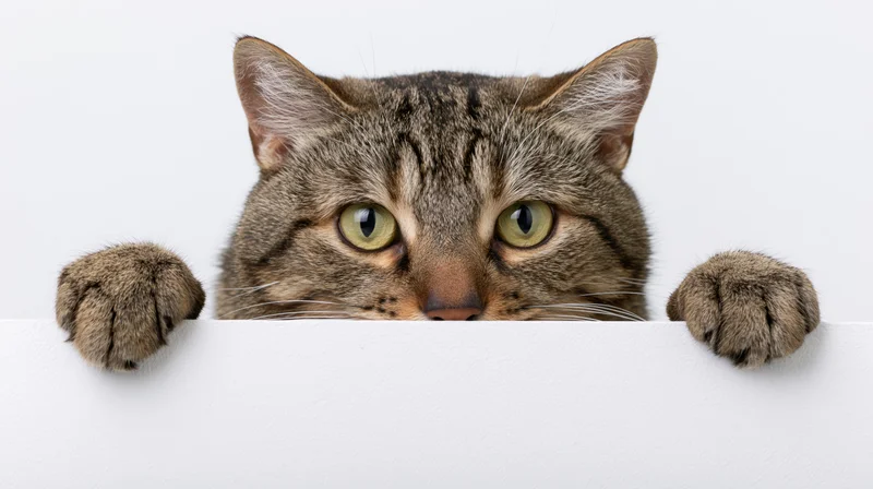 Tabby cat peeking over white ledge with paws resting on edge