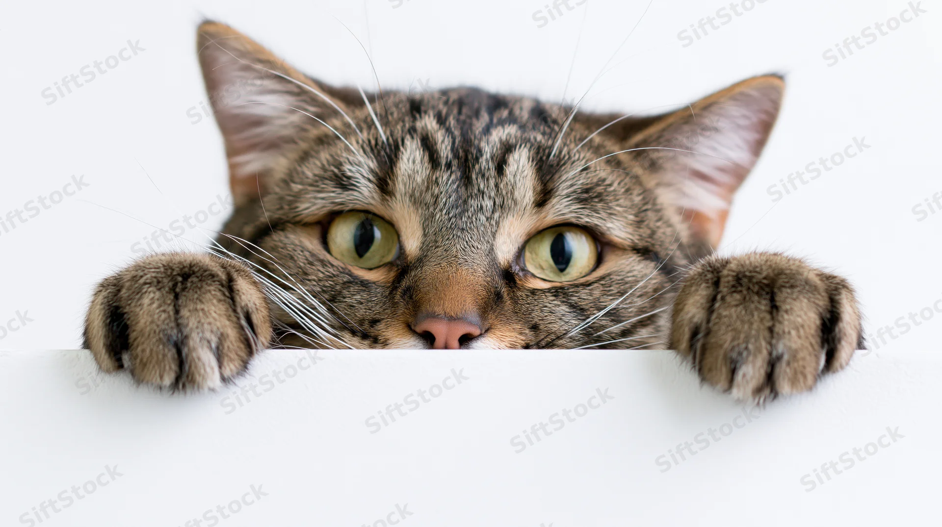 Tabby cat peeking over white ledge with paws resting on edge