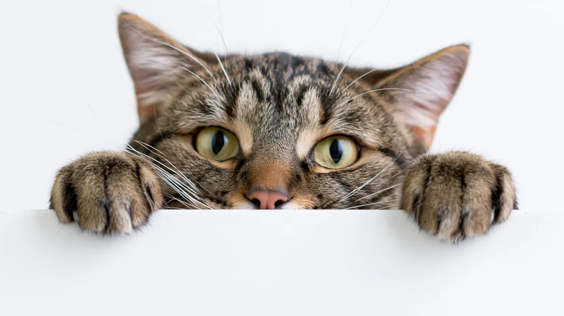Tabby cat peeking over white ledge with paws resting on edge