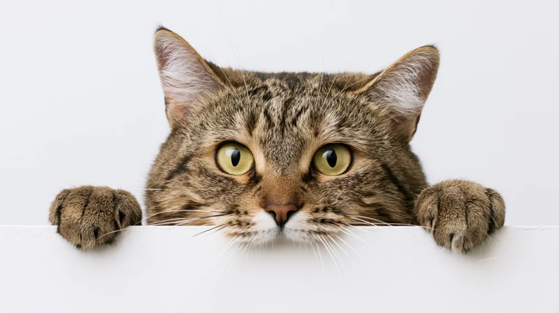 Brown tabby cat peeking over white ledge with front paws visible