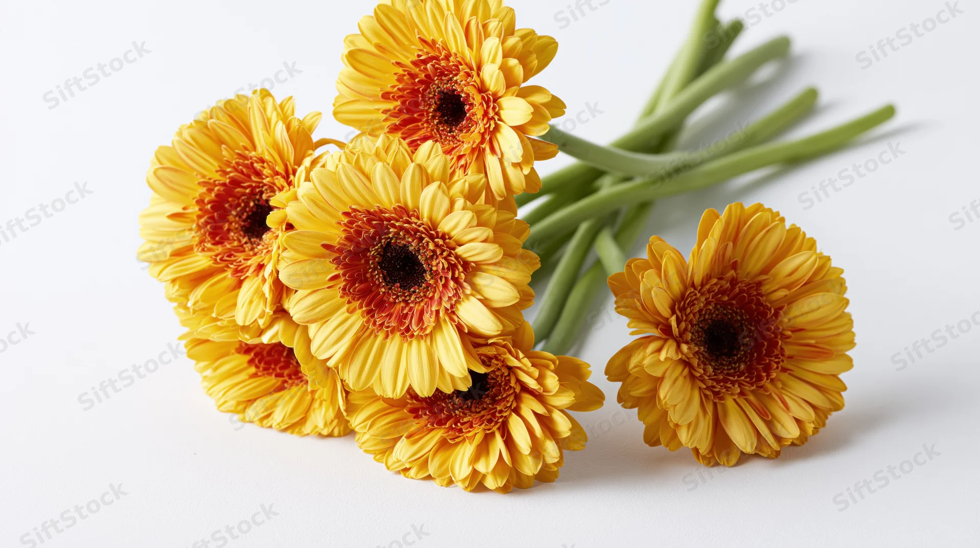 Seven yellow and orange gerbera daisies with green stems arranged on white surface