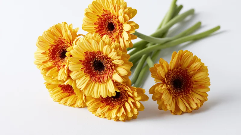 Seven yellow and orange gerbera daisies with green stems arranged on white surface