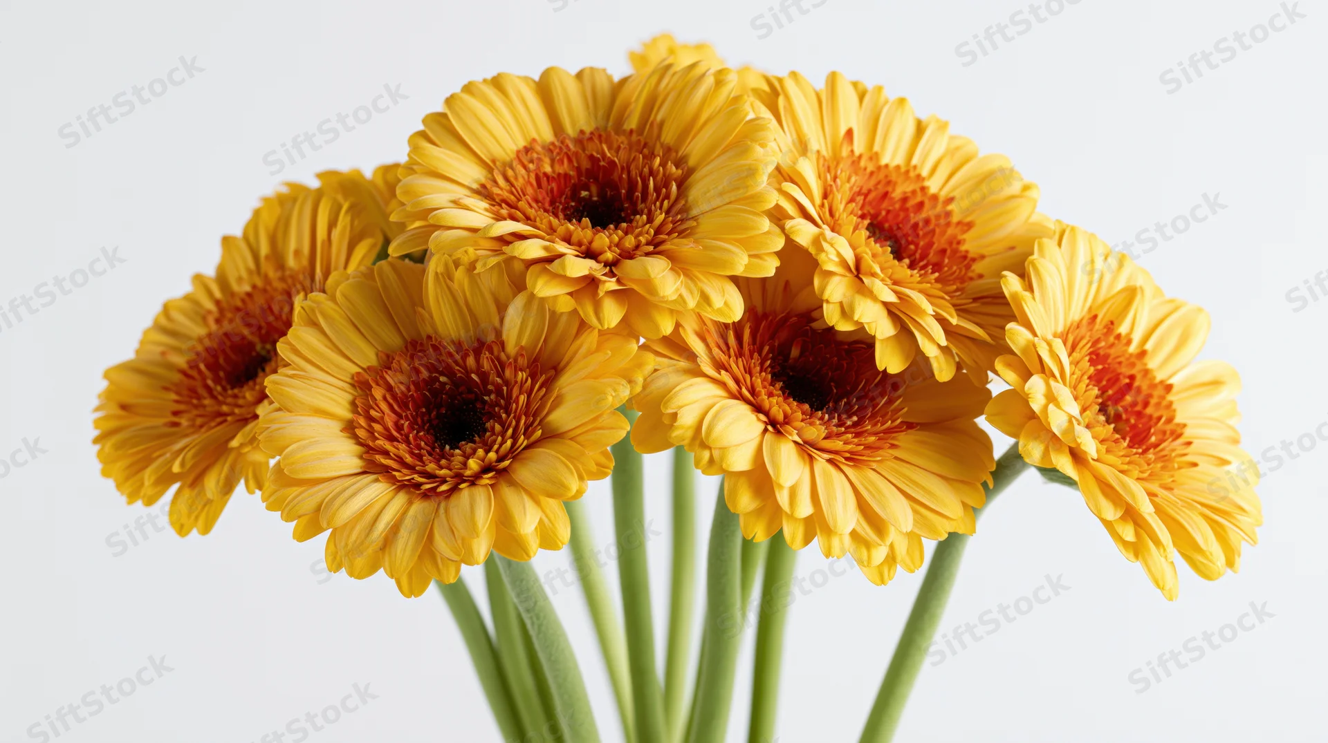 Bouquet of seven yellow and orange gerbera daisies with green stems against white background