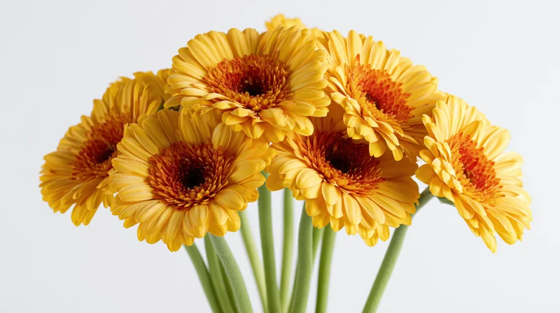 Bouquet of seven yellow and orange gerbera daisies with green stems against white background