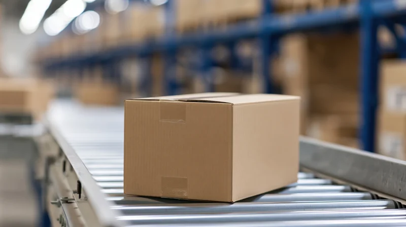 Cardboard box moving along metal roller conveyor in warehouse