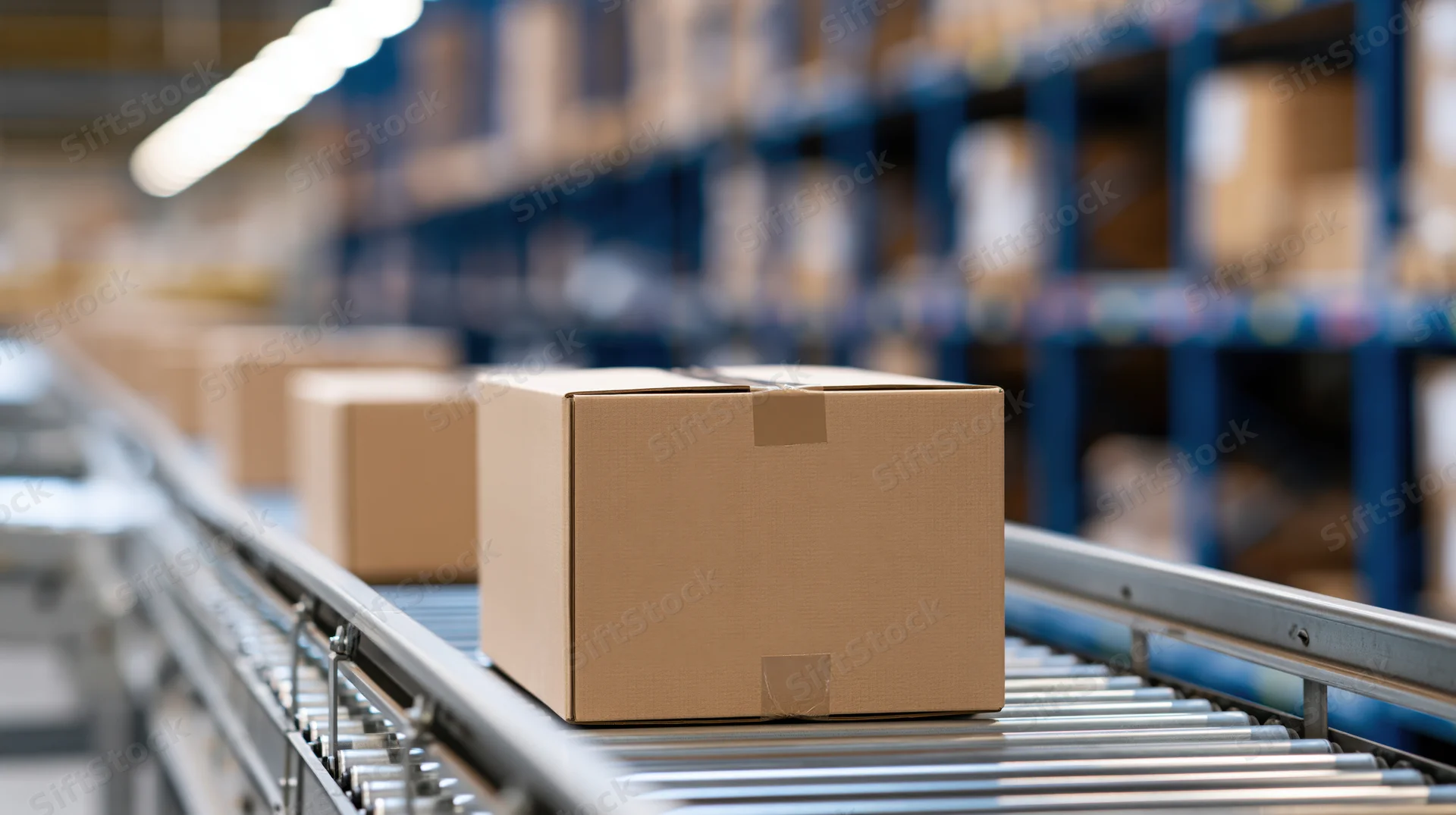 Cardboard box moving along metal roller conveyor in warehouse