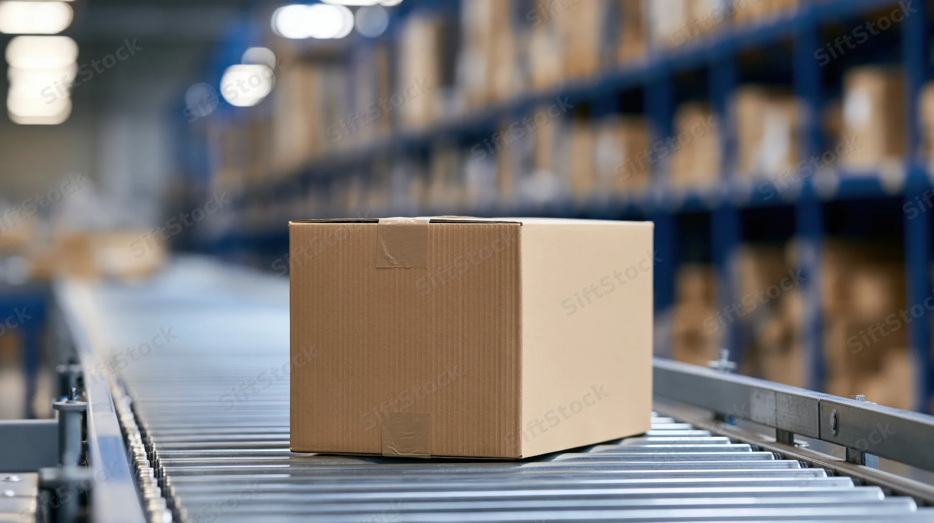 Cardboard box moving along metal roller conveyor in warehouse