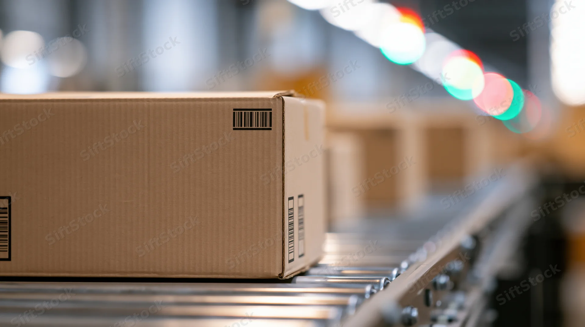 Cardboard box moving along metal roller conveyor in warehouse