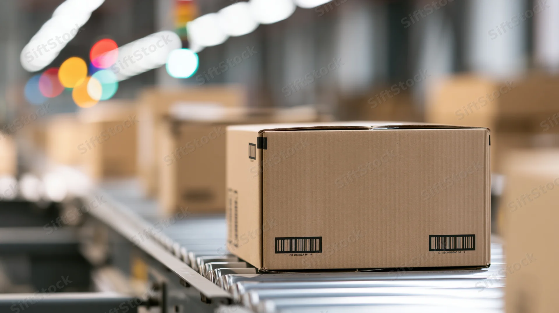 Cardboard box moving along metal roller conveyor in warehouse