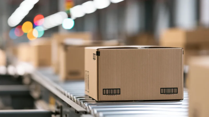 Cardboard box moving along metal roller conveyor in warehouse