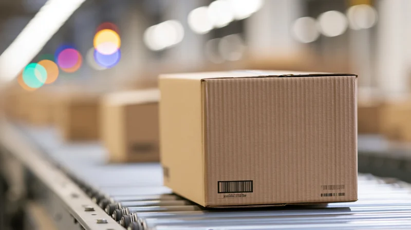 Cardboard box moving along metal roller conveyor in warehouse