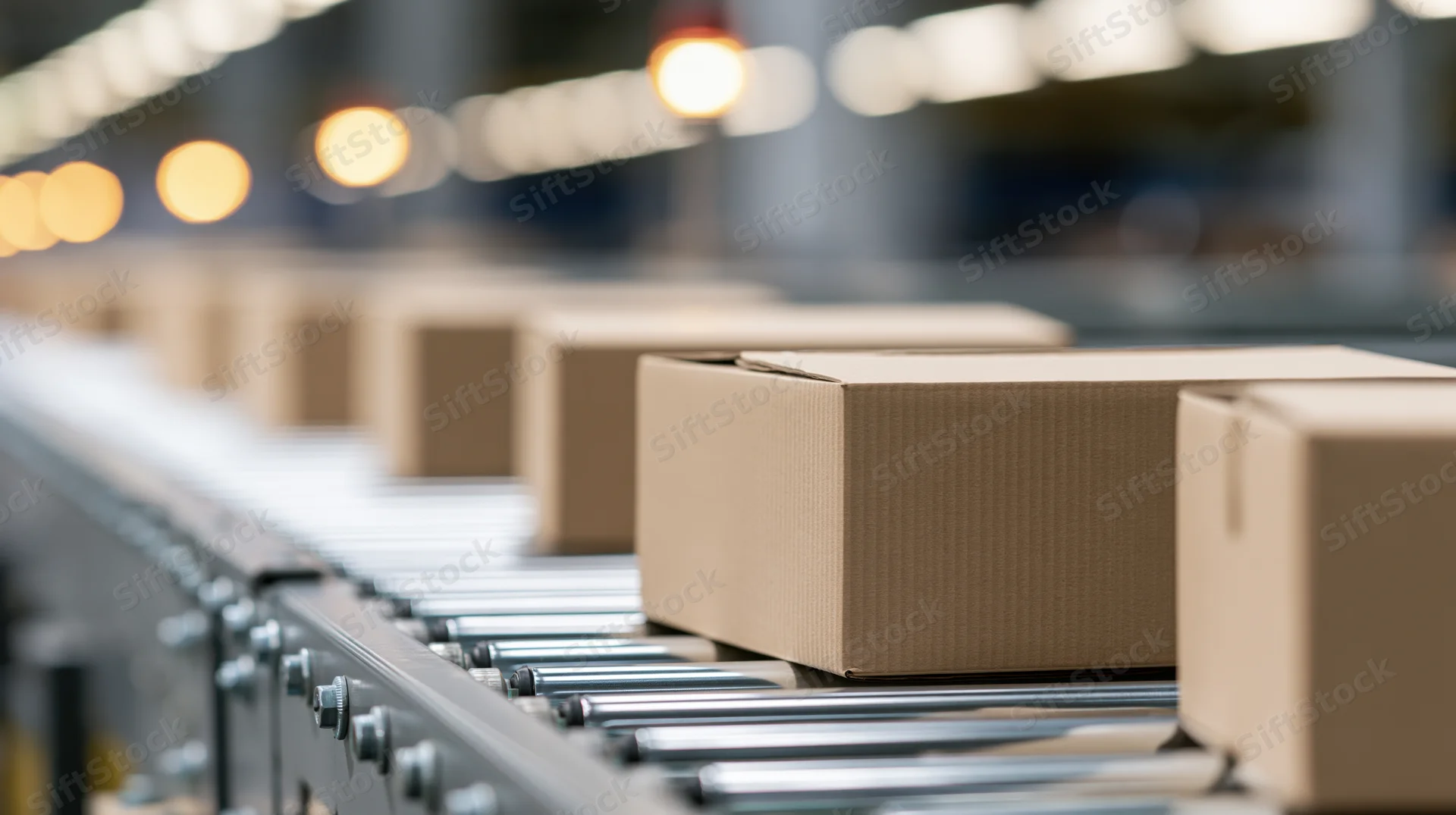 Cardboard boxes moving along a metal roller conveyor in a warehouse