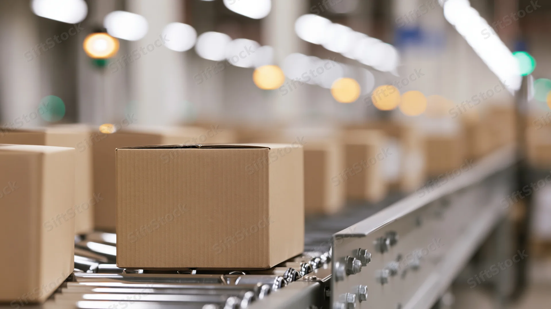 Cardboard boxes moving along a metal roller conveyor in a warehouse